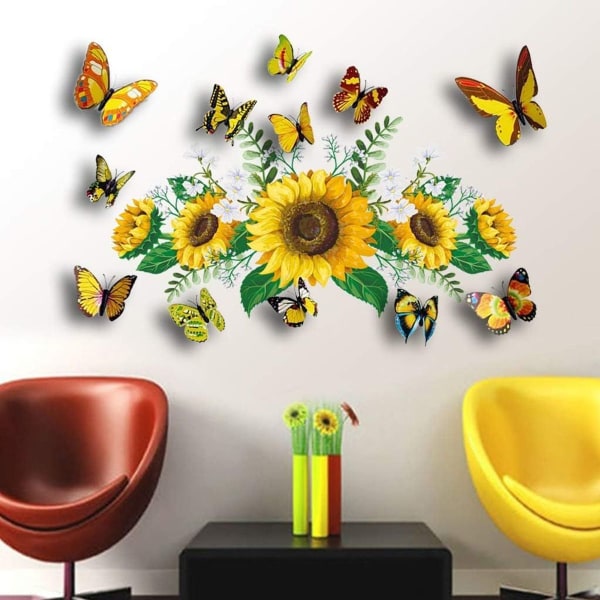 Auringonkukkaseinätarrat 12 värikkäällä 3D-perhosseinätarralla lapsille KLB