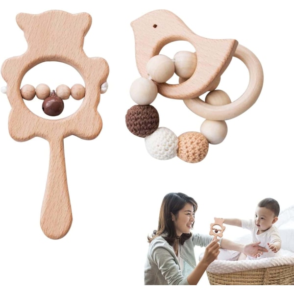 2-Pack Montessori Style Baby Naturlig Tre Baby Rangle Tannringer Søte fugler Armbånd Håndleker