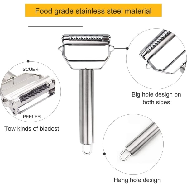 Multifunksjonell rustfritt stål skreller, grønnsak- og fruktskrelle - matvarekvalitet hengende rivjern, tåler oppvaskmaskin