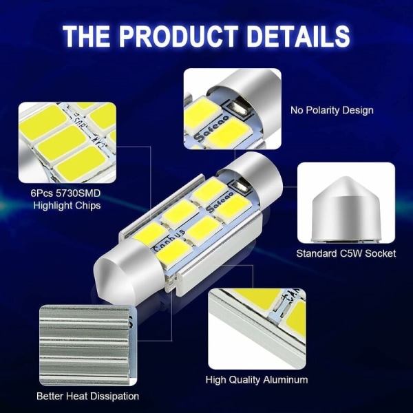 4 stk. C5w LED 36mm 5630 SMD 6 LED Pære Kuppel Festoon C5w LED DC 12V Hvid Bil KLB