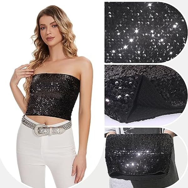 Glitrende Sequin Crop Tops til Kvinder Metalliske Tube Tops Stropløse Sorte