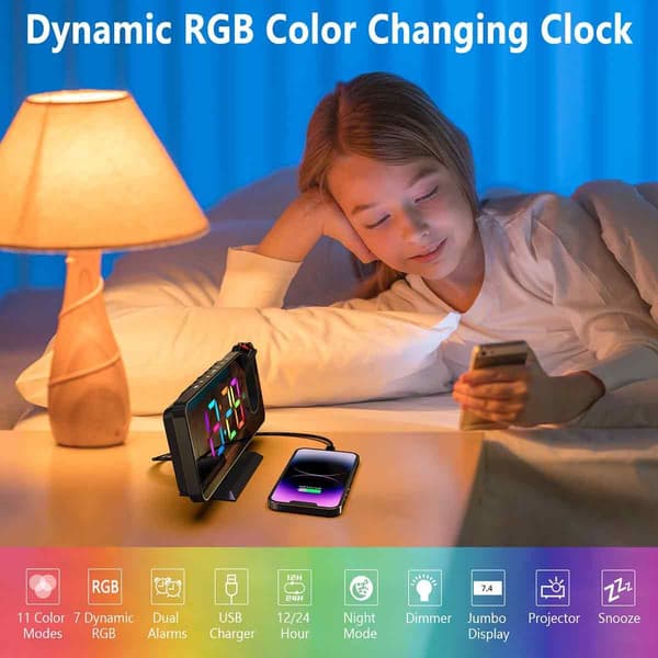 Projektionsväckarklocka för sovrum, RGB färgglad digital klocka svart