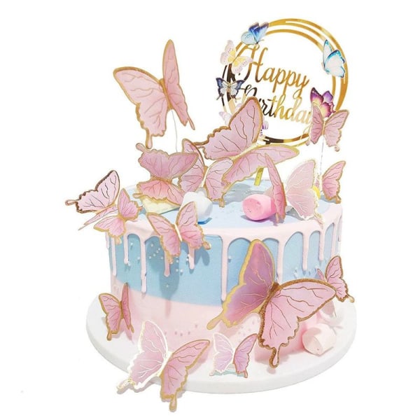 Pink butterfly cake toppers, 16 stykker butterfly cupcake toppers