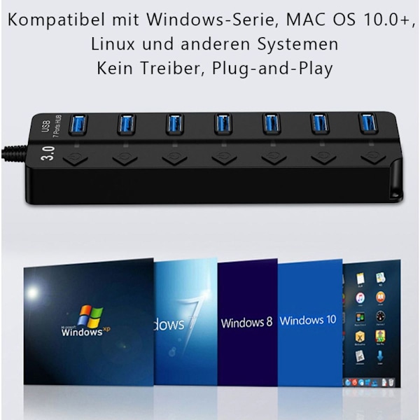 Aktiv 3.0 USB-hub med strømforsyning, 7 porte USB 3.0 Hub Aktiv datahub med KLB