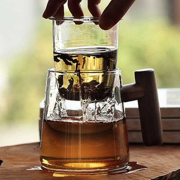 Glas tekopp med tesi og låg, tekopp med træhåndtag, stil 3
