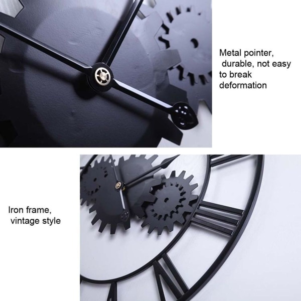 60 cm Iron Gear Veggklokke Stue Kjøkken Mute Stor veggklokke Art Clock (Retro