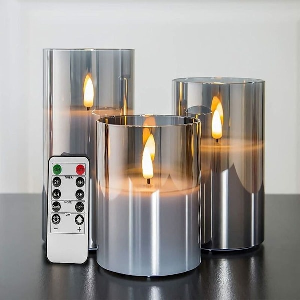 3-pack flimrande LED-ljus i silvergrått glas med fjärrkontroll