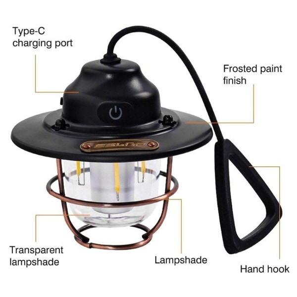 Utomhusbelysning, campingljus, USB uppladdningsbar hästlykta (svart)