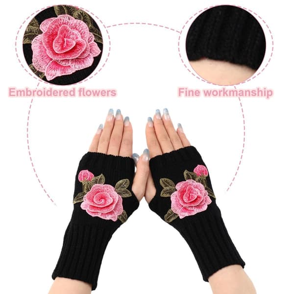 Vinter Fingerless Handsker Halv Finger Handske Sort + Pink Blomst KLB
