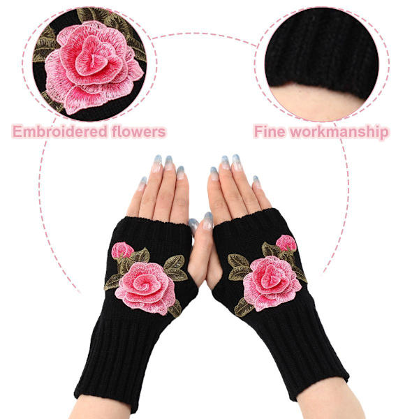 Vinterhandskar utan fingrar Halvfingerhandske Svart + Rosa blomma KLB