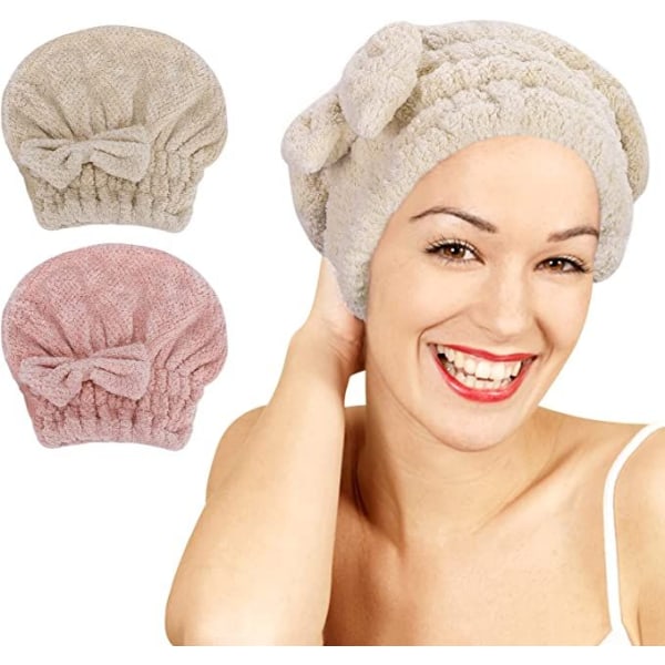 Set med 2 Torrt hårhandduk med rosetthatt (rosa och brunt), superabsorberande handduksmössa, Snabbtorrt hår med rosetthatt, lämplig för lockigt hår