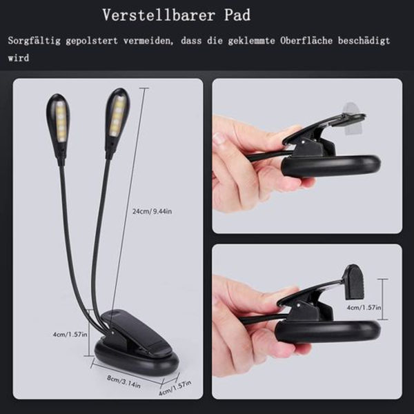 Läslampa bok klämma, USB laddad med 14 lysdioder, 3 färgtemperatur, 3