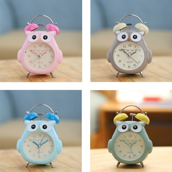 3 Inch Kids Cartoon Owl Night Light Mute Bedside Snooze Alarm Clock (Grey)