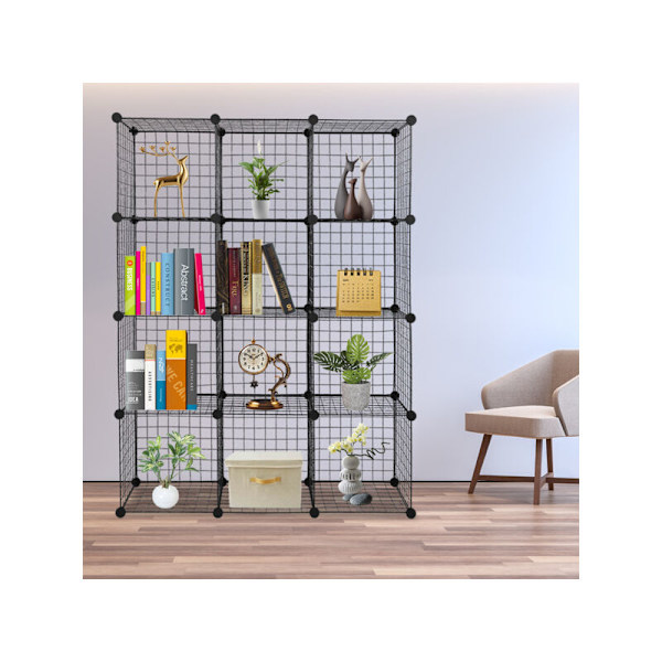 Modulær gitterhylle, 13 kuber DIY metallrom lagringsenhet 35x35 cm, svart KLB