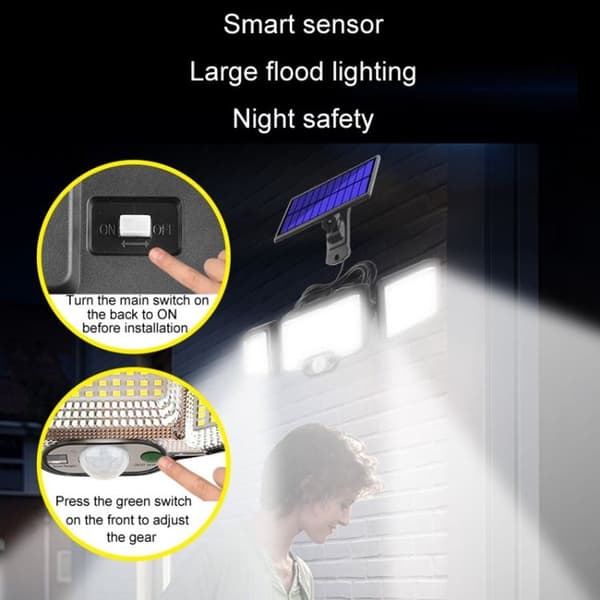Fjernkontroll solcellevegglampe LED trehodet roterende induksjonsflomlys, Spe,B