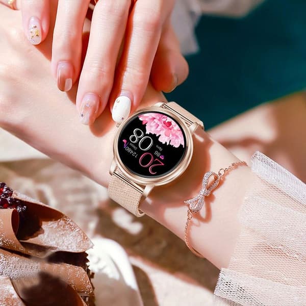 Smartwatch til kvinder med telefonfunktion 1,32 tommer HD fuld touchscreen, guld