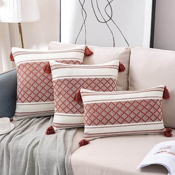 Sett med 2 45 x 45 cm, Rød og hvit moderne bohemsk firkantet putetrekk Jacquard vevd dekorativt putevar for stue sofa soverom