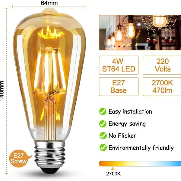 Lamppusetti 6 kpl vintage Edison LED-lamppuja E27, 4W (korvaa 40W), retro lamppu KLB