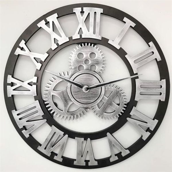 Retro runde enkeltgears ur, romertal, vægur-40 cm (farve: sølv)