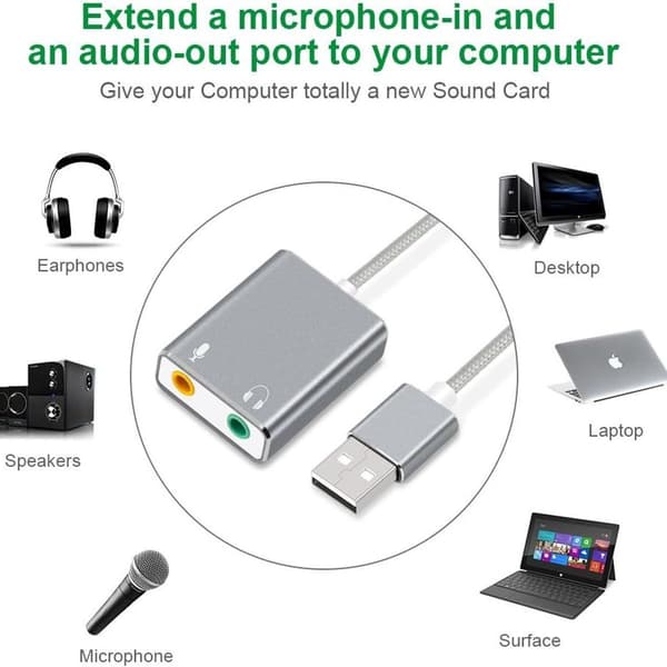 Extern USB-stereoljudkortsadapter i aluminium, nylonfläta