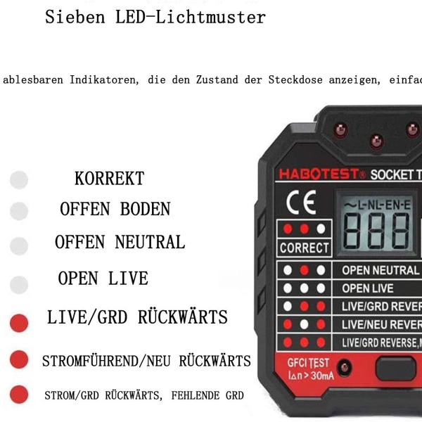 Sokkeltester med RCD-test og LCD-spenningsdisplay,
