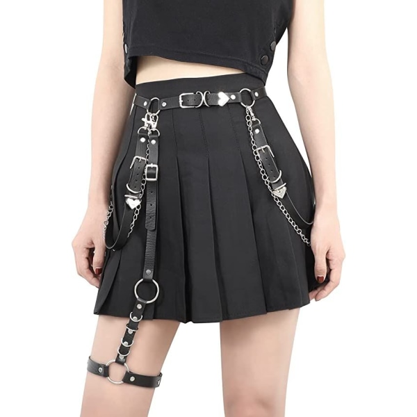 PU punk damebelte (belte + benløkke), med kjede, gotisk rockebelte for kvinner, med benbeskyttere