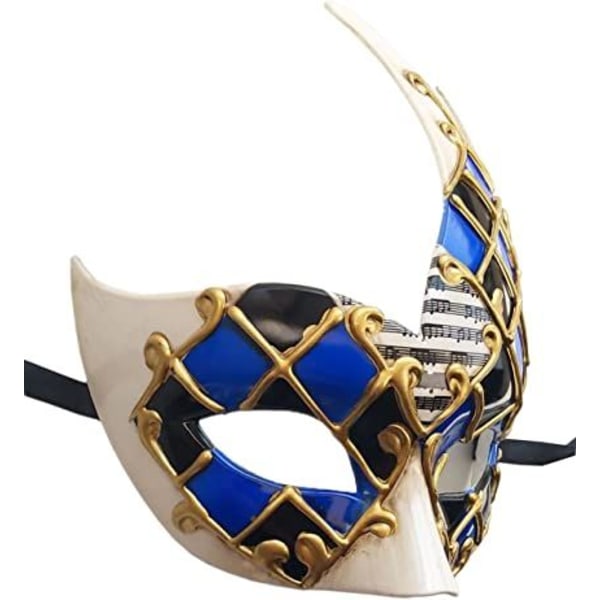 Maskerademaske for menn (blå/svart), vintage venetiansk rutete musikalfest Mardi Gras maske