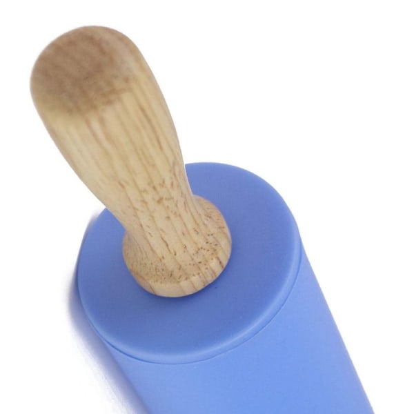 Silikon kjevle med non-stick overflate og håndtak i tre (blå)