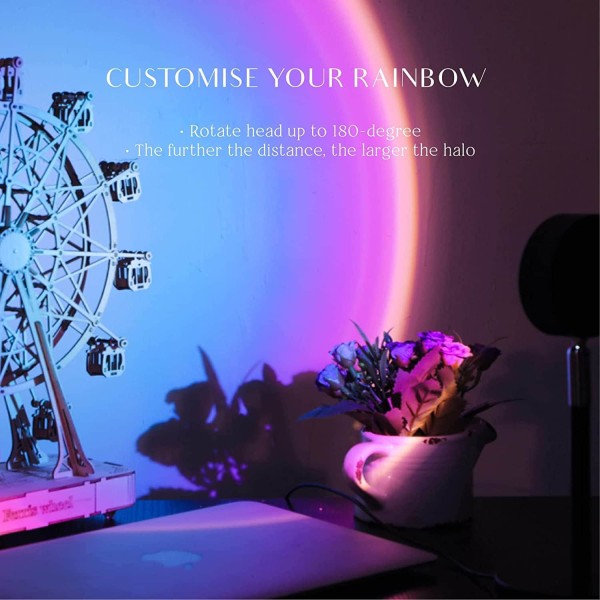 Makuuhuoneen projektorilattialamppu, Rainbow Sunset Projection LED-valo, 180 asteen LED-lattialamppu USB latausyövalo olohuoneeseen makuuhuoneeseen