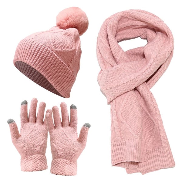 Hatt, skjerf, hansker, tredelt sett, varm isolasjon, tykk rosa