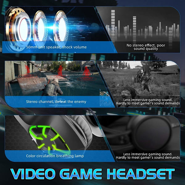Pro Gaming Headset Over-Ear Brusreducerande Hörlurar Blå