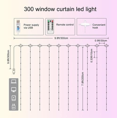 LED-lysstreng, lysgardin 300 LED'er USB fire farver