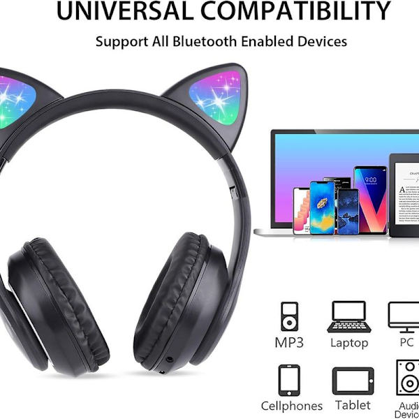 Vackert stereospelheadset med mikrofon, kattöron, cool svart
