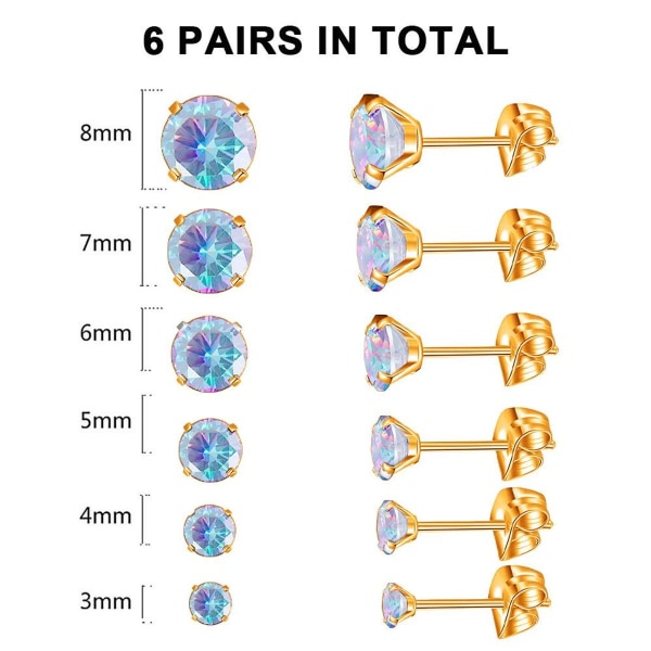 6 par örhängen set av 316 rostfritt stål med fyra klor och kroncirkulation i guld KLB