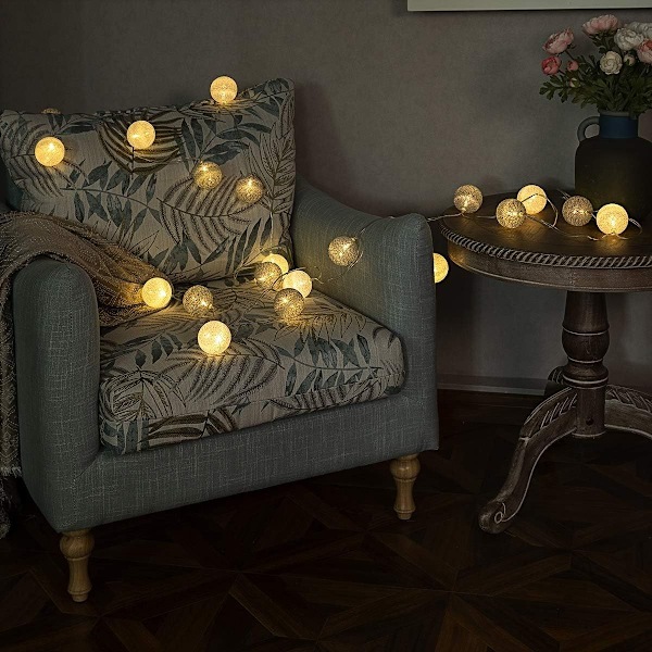 Lämmin valkoinen 20 LED-pallovalosarja Ø 6 cm puuvillajohto KLB
