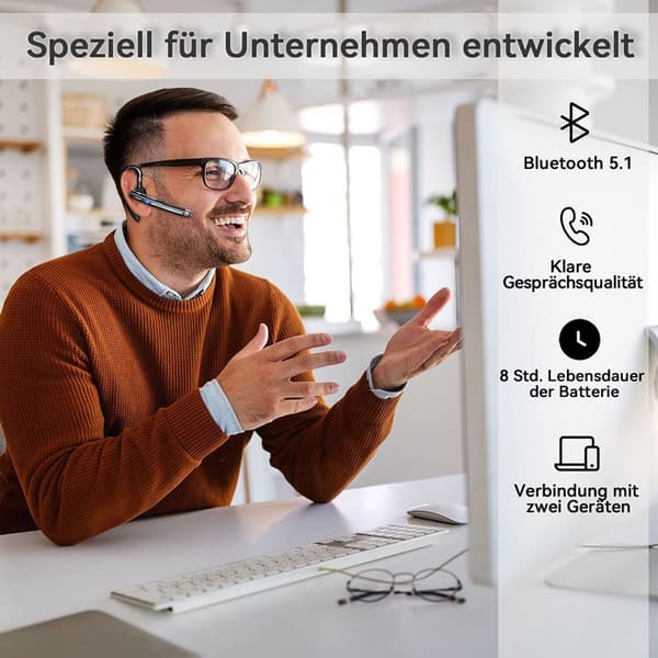 Bluetooth-headset med mikrofon, Bluetooth-headset 5.1 med CVC 8.0 dobbel mikrofon LED