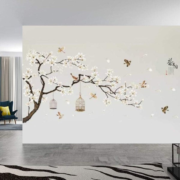 Flower Tree Bird Wall Sticker, Elegant Tree Wall Sticker, Beautiful Home Backdrop KLB