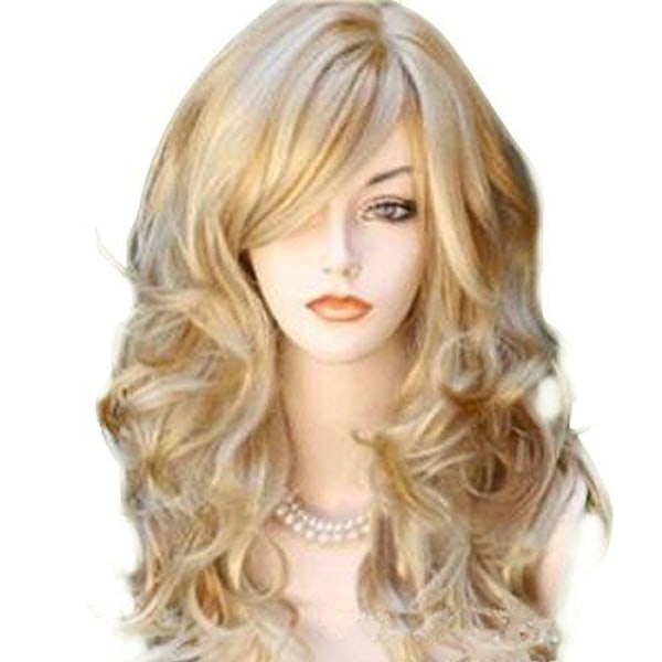 Sexig blond vågig peruk, lång lugg peruk för kvinnor
