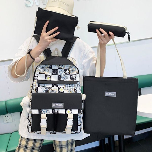 Skolryggsäck för elever, 4-delad, ny för flickor i grundskolan, lätt och söt ryggsäck för flickor, tre stora fack - blå