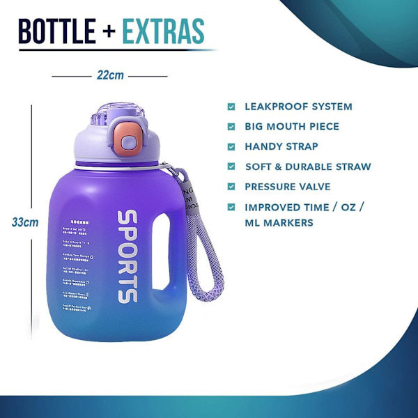 Vandflaske med drikketider, sugerør, motiverende, lilla, 1,7L KLB