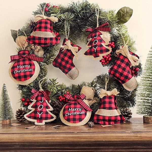 Julepynt Træpynt Pakke med 8 Rød Sort Buffalo Check Plaid Sæk