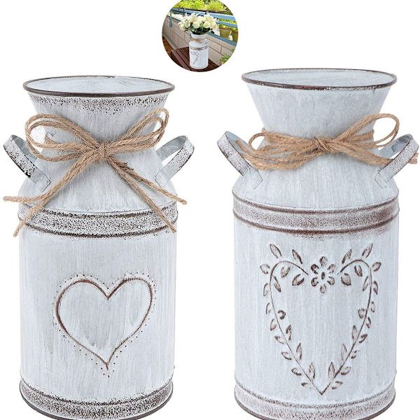 Sett med 2 vintage blomster vase hjerte melkekanne jern blomsterpotte