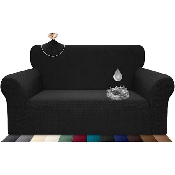 Stretchig sofföverdrag, vattentät och reptålig för 2-sits soffa, elegant mönster med halkfria skumstavar (2-sits soffa, svart) KLB