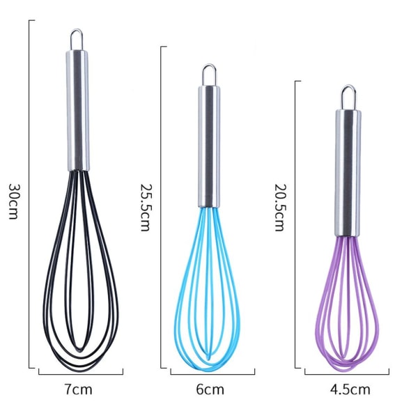 Pack of 3 very sturdy whisks, 12 inch black + 10 inch blue + 8 inch purple KLB