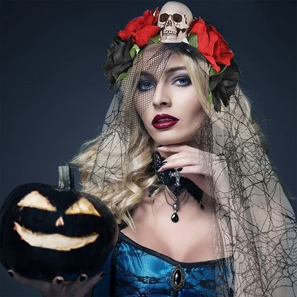 Hodebånd, rosebladskrone, slør, hodebånd, hodeplagg for kostyme Halloween