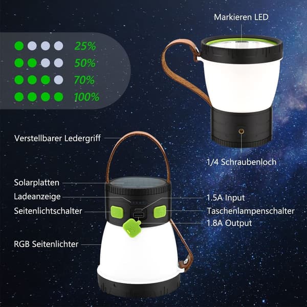 LED solcelle campinglys, multifunksjonelt nattlys med bærbar krok