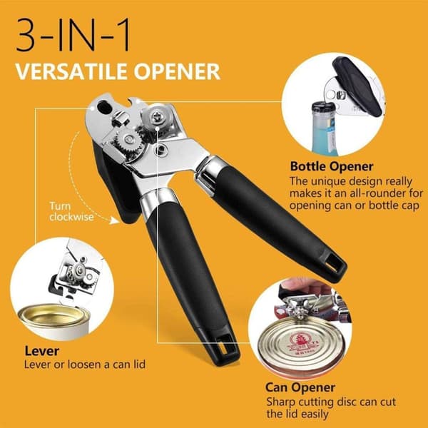 Dåseåbnere, 3 i 1 Heavy Duty Manuel Dåseåbner, Kan Multi-Funktion Flaskeåbner Glat Kant med Rustfrit Stålblad, Easy-Turn Knob(Sort)