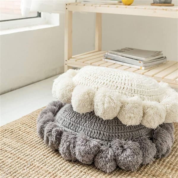 Runde boho-puter med pomponer, macrame-puter gulvpute