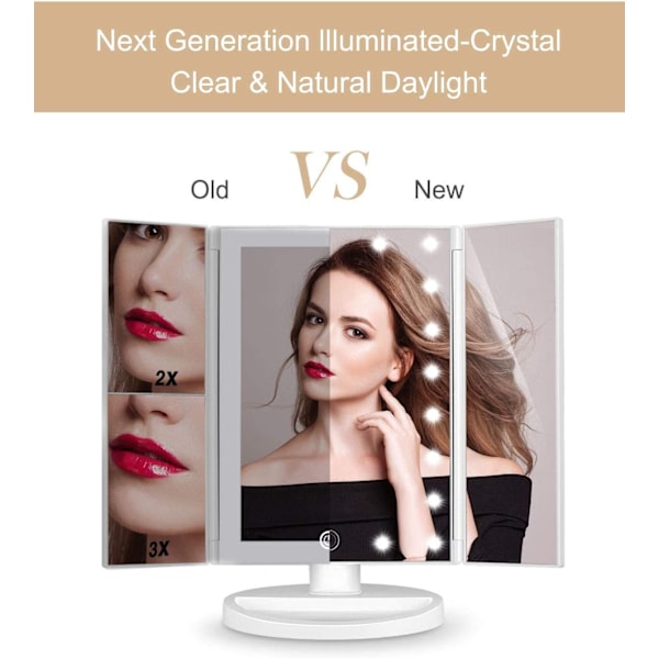 Forfengelighetsspeil, bordplate speil 3-sidig forfengelighetsspeil med 21 LED Foldable Dimmable 180 graders justerbar rotasjon 1X 2X 3X