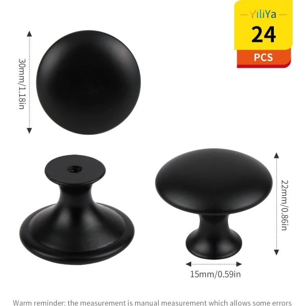 24 delar mattsvart lådknopp, runda skåpsknoppar Möbelknopp med skruvar för skåp Köksbord vid sängkanten (30 mm)